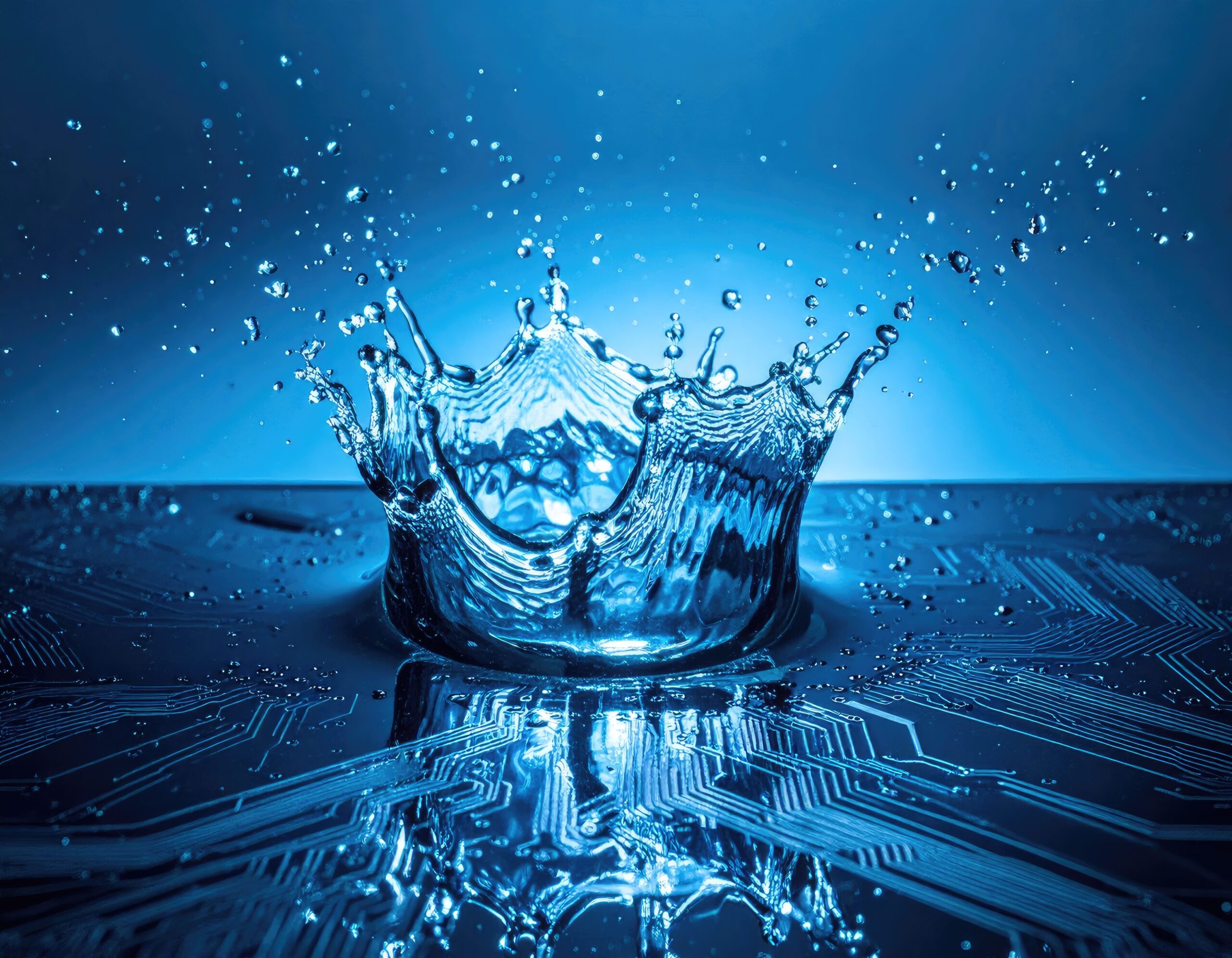 Waterdruppel op een printplaat als symbool voor een efficiënt PCB-reinigingsproces en betrouwbare elektronicaproductie.