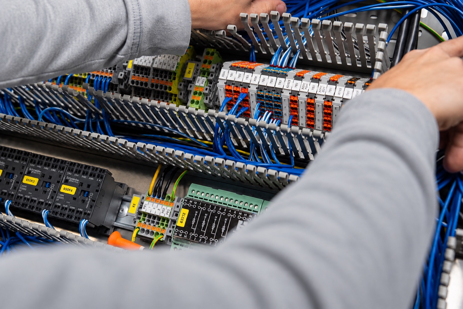 Technicus bedraadt een besturingspaneel met voorbereide draadsets